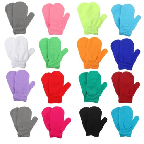 ENLAYER 16 Pairs Toddler Magic Stretch Mittens Kids Winter Gloves Warm Kids Knit Gloves for Little Girls Boys