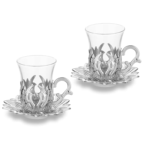Alisveristime Ahsen Turkish Tea Set with 2 Glass Cups, 100ml (Silver)