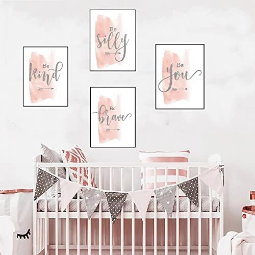 JKKL Set of 4 Teen Girl Framed Wall Art Canvas Painting Be Kind Inspirational Quote Print Blush Grey Picture Nordic Poster Girls Bedroom Decor, Pink, 8 x 12 inches