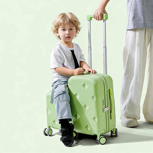 Dalumian Equipaje de mano infantil con asiento para montar — Maleta con ruedas giratorias, ligera, maleta de viaje con ruedas para niños, portavasos, pedal plegable y función cochecito(Green,20