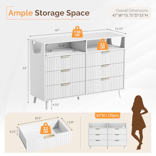 Image of VINGLI Fluted White Dresser, Led Dresser 6 Drawer, White Wood Bedroom Dressers TV Stand, Modern, 47 inch W*15.75 inch D*33 inch H