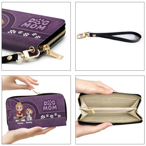 Chibi Cartoon Dog Mom Personalized Leather Wallet – Custom PU Leather Long Wallet with Wrist Strap – Dog Lover Gifts for Women, Mom, Daughter (Dog Mom, 2 Pets)3