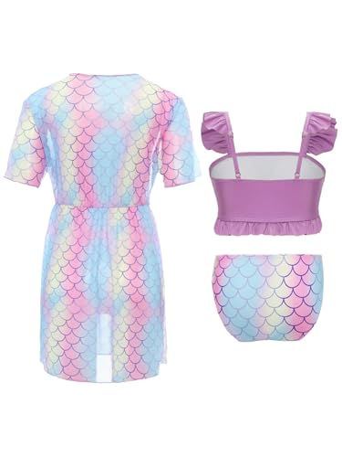 Kids Girls 3Pcs Fish Scales Print Mermaid Mesh Dress Tankini Set Swimwear Beach Pool Cover Up Swimsuit2