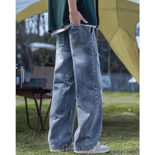 Men's Straight Leg Denim Pants Comfort Distressed Elastic Waist Regular Fit Baggy Jeans2