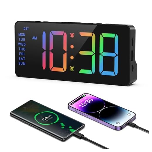AMIR Colorful LED Alarm Clocks for Bedroom, 2 Alarms with Large Display, USB Powered Beside Clock with Date, 12/24H, Adjustable Volume, Dimmable, Snooze, DST, Alarm Clock for Heavy Sleepers