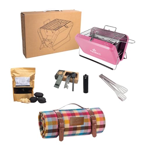 KIKIRIKIT - Mega Kit - Barbacoa carbón - bbq plegable de acero inoxidable - manta picnic - pinzas- carbón - Accesorios Camper - Regalos para hombres - grill acero inoxidable (Rosa)