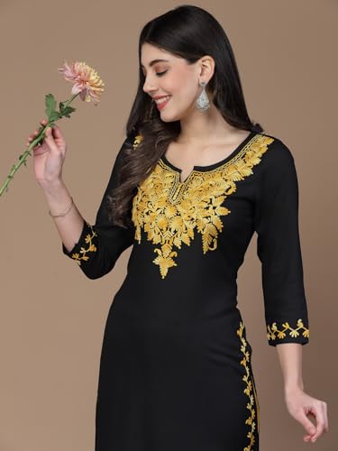 Image of QAZMI Women's Floral Aari Embroidered Viscose Rayon 3 /4 Sleeves Straight Kurta