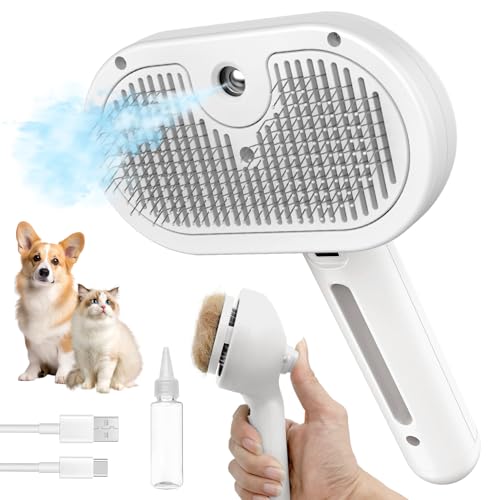 HeroKitty Dog Brush for Shedding 3 in 1 Self Cleaning Steam Dog Brush - Anti-Static Cat Steam Brush Removal Comb with Release Button Grooming Tool for Long and Short Hair Pets White
