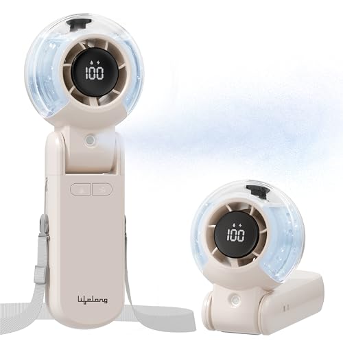 Image of Lifelong Foldable Mist Hand Fan with Digital Display | 5 Speed Portable Handheld Fan with Dual Mist Modes | Type-C Charging, 4000mAh Battery, 6W BLDC Motor | 90 Foldable Hand-Free Table Fan (Beige)