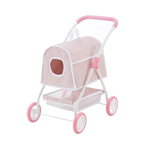 Olivia's Little World Polka Dots Princess Doll Animal Stroller with Detachable Toy Pet Carrier - Pet Doll Pram for 3 yrs and Up - Pink/Gray