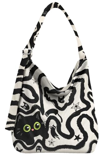 VelvetHue Corduroy Hobo Bag for Women - Large Shoulder Tote Bag with Zipper Cute Handbags Big Capacity Travel Work Bag Cat
