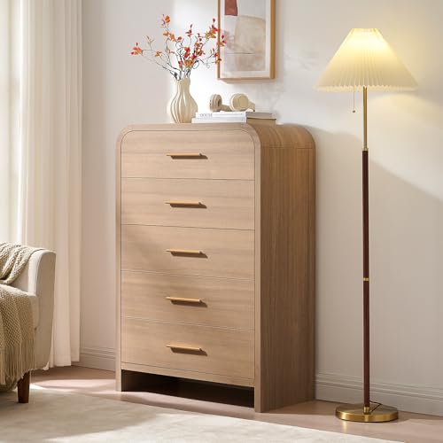 Image of Curved Drawer Dresser for Bedroom with 5 Drawers, 31'' Wide Chest of Drawer