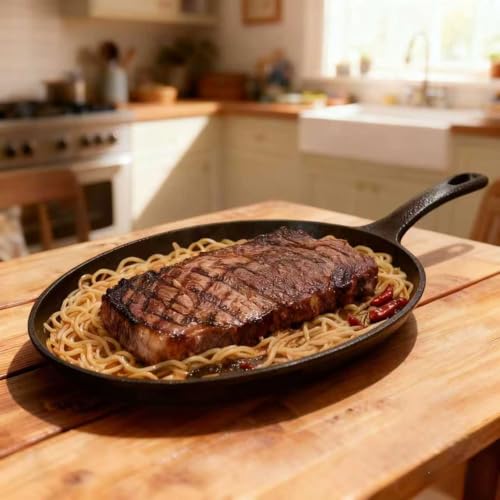 Image of Cast Iron Fajita Skillet Pan - 9.25x7 Inch Oval Serving Griddle for Stovetop, Oven, Grill & Campfire - Pre-Seasoned, Versatile Heavy Duty Grill Pan with Ergonomic Teardrop Handle
