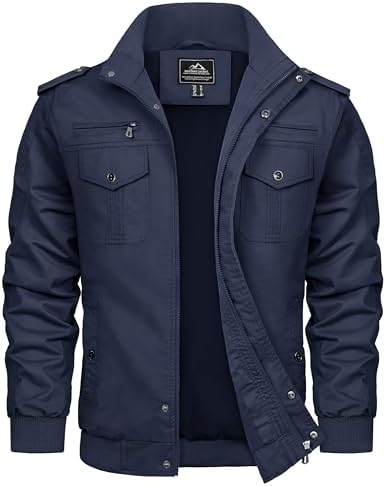 TACVASEN Herren Übergangsjacke Frühlingsjacke Stehkragen Cargo Jacke Militär Baumwolle Arbeitsjacke mit Vielen Taschen