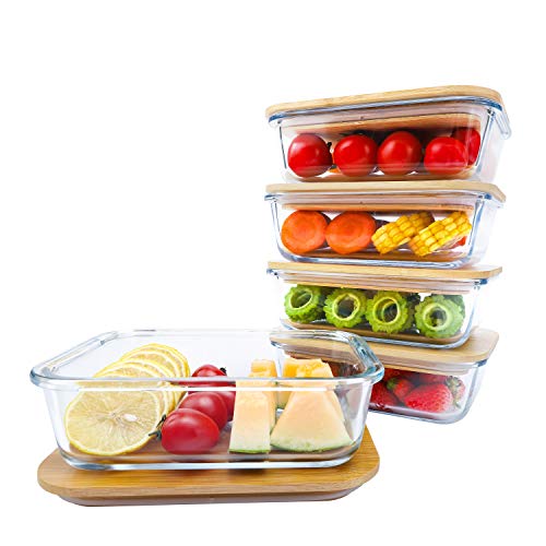 BlueHills Premium Glass Meal Prep Lunch Containers with bamboo Lids Plastic Free Glass Food Containers BPA-Free Microwave Oven Freezer Dishwasher Safe 5 pack set 10 pieces (G004 bamboo lid)