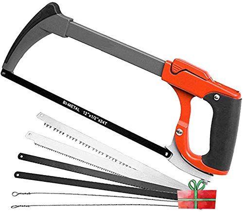 AIRAJ Bügelsägenrahmen mit einstellbarer Spannung, 300 mm zwei Sägewinkel (45 ° / 90 °), ein Schlüsselwechsel von 7 Säbelsägeblättern für Bügelsägeset, Metallbügelsäge,Metallsäge