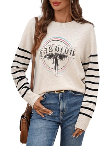 CORSKI Womens Graphic Sweater Striped Long Sleeve Knit Top Casual Fall Winter Fashion Lightweight Crew Neck Pullover