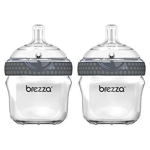 Baby Brezza Two Piece Natural Glass Baby Bottle with Lid - Ergonomic, Wide Neck Design Makes it The Easiest to Clean - Modern Look - Anti-Colic - Grey - 5 Ounce Size - 2 Bottles