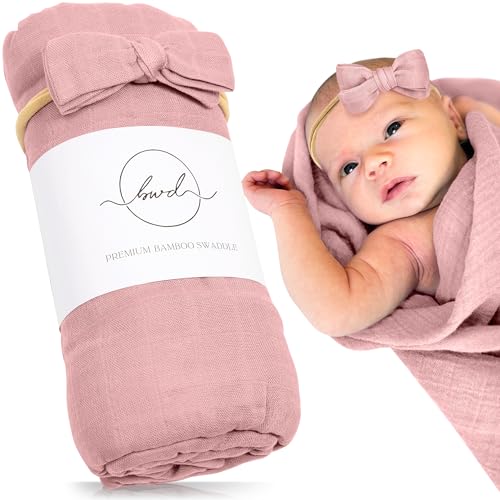 Image of BWD Baby Swaddle Blanket – Ultra-Soft Bamboo Viscose & Organic Cotton Muslin – Lightweight, Breathable, Stretchy – Newborn Essential 47" (Dusty Rose)