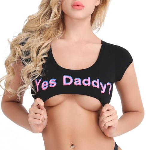 Sexy Crop Tops Slutty Outfits for Women Short Sleeve Scoop Neck Tees Yes Daddy Letter Print Mini T Shirt Black