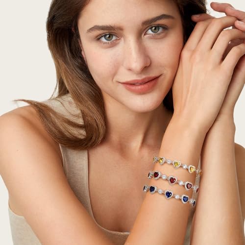 FANCIME Ms Charming Sterling Silver Birthstone Tennis Bracelet for Women Halo Heart Design Gemstone Jewelry Anniversary Birthday Gifts for Her Mom Wife4