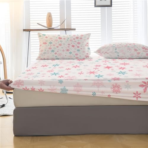 Drap housse doux motifs flocons mignons et coloris rose blanc tendance