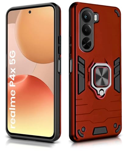 Image of WOW IMAGINE Shock Proof Back Case Mobile Cover for Realme P4x 5G | Back Cover Case (Tough Armor | Hybrid PC + TPU | Ring Holder & in-Built Kickstand | Red)