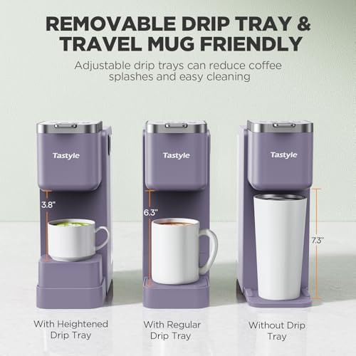 Image of Tastyle 330MF Single Serve Coffee Maker with Built-in Detachable Milk Frother, Iced and Hot Coffee Machine for K Cup & Grounds, 40oz Removable Water Tank, 6 Cup Sizes, Fits 7.3 inch Travel Mug, Purple