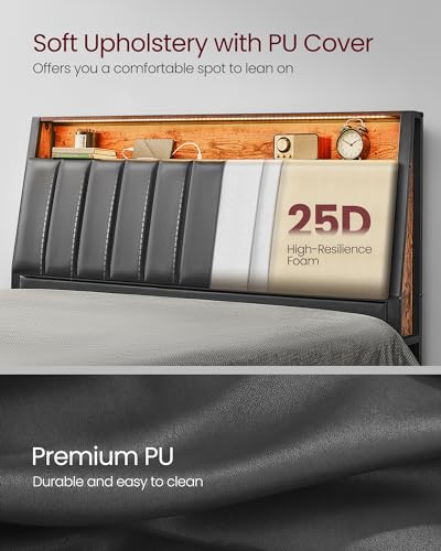 VASAGLE LED Bed Frame Queen Size, Storage Headboard and Charging Station, Queen Bed Frame with 2 AC Outlets, 1 USB Port, 1 Type-C Port, No Box Spring Needed, Ink Black and Rustic Brown URMB841B01