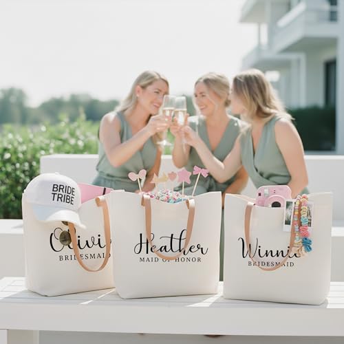 Image of ELEGANTPARK Personalized Canvas Tote Bag with Zipper, Custom Bridesmaid Gifts with Name & Role, Monogrammed Initial Bag for Women, Teacher, Nurse, Travel & Beach | Monogrammed, Customized Gift Tote