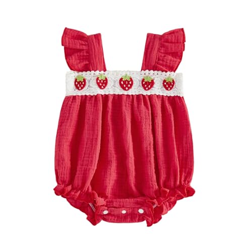 Image of VILAGRAH Infant Baby Girl Summer Clothes Fly Sleeve Ruffle Bubble Romper Jumpsuit Strawberry Embroidery One Piece Bodysuit