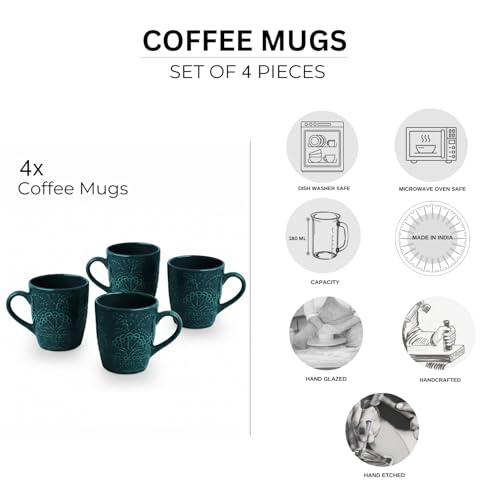Image of ExclusiveLane 'Teal Forest' Ceramic Coffee Mugs Set of 4 (Set of 4, Each Mug : 180 ml, Microwave & Dishwasher Safe, Hand-Glazed) | Ceramic Mugs for Coffee Cup Tea Mug & Cup Mugs for Milk