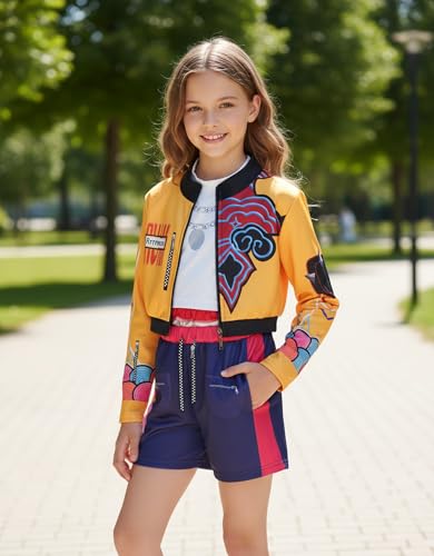 KPJSDT Girls Stage Costume Jacket Tank Top Shorts Set Printed Halloween Outfit for Kids Party Dress Up