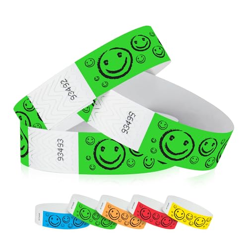 Image of 500 WristCo Neon Green Smiley Face Tyvek Wristbands for Events | Comfortable Water /Tear-Resistant - USA Made Tyvek Wristband ID Bracelets for Events, Concerts, Party Security, VIP Admission