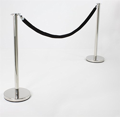 Flat-Top Chrome Stanchion Posts with 6.5 Foot Black Velvet Rope (Set of Two Posts)