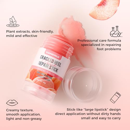 VANERIA 50% Urea Cream Stick plus 2% Salicylic Acid,Cracked Heel Repair Stick for Dry Cracked Feet with Shea Butter & Coconut Oil,Deeply Moisturize & Soften Feet,Exfoliates Dead Skin. 40g(Peach Scent)