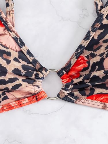 Image of Fanuerg Women's Triangle Bikini Sets O Ring Linked Two Piece Swimsuits Floral Printed Cheeky Bathing Suit