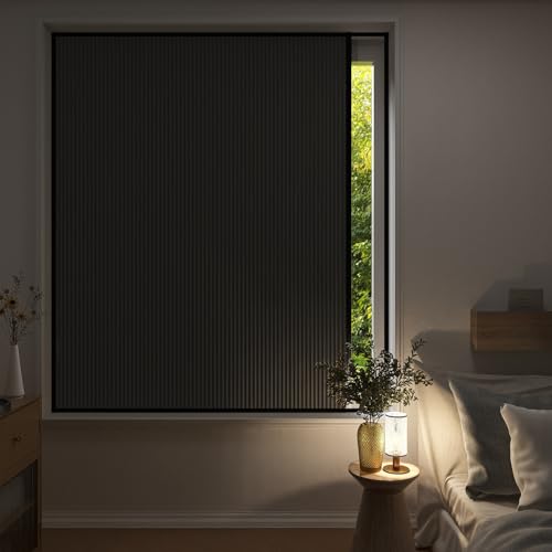 ZSTARR Cellular Shades Cordless Total Blackout Honeycomb Blinds Thermal Window Blinds Screen with Aluminum Frame Customize Size (Black Out Black)