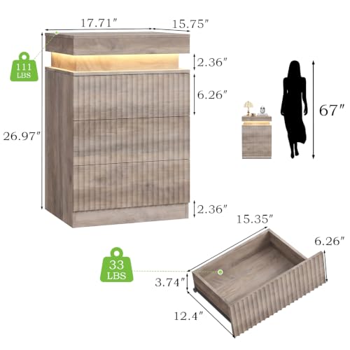 Image of Fluted LED Night Stand with Charging Station, Wood Grey