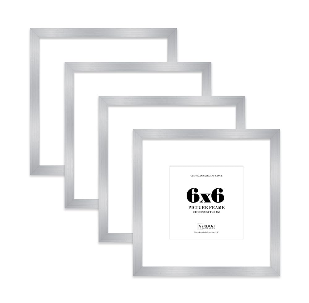 6x6 Silver Picture Frame with Mount for 4x4 Photos, Prints - Modern Square Wall Frame, Set of 4