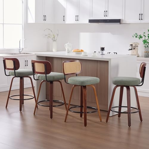 Image of Swivel Counter Height Bar Stools Set of 4, 26 inch Bar Chairs with Curved Rattan Back, Linen Upholstered Seat, Walnut Craftsmanship, Mid Century Modern Counter Stools for Kitchen Counter, Light Green