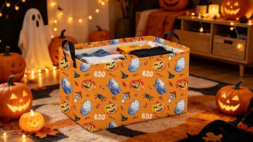 Image of Sanjiaofeng Rectangular Halloween Horror Ghost Storage Basket,Terrifying and Thrilling Party Basket,Halloween Candy Storage Baskets with Handles(Scary Pumpkin)
