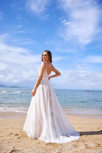 Image of Spaghetti Chiffon Beach Wedding Dress V Neck A line Bridal Gowns Lace Plus Size Wedding Dress