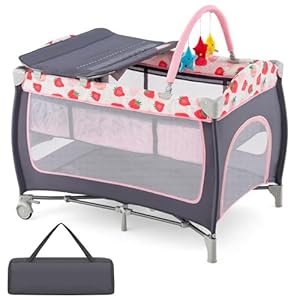 GYMAX Folding Travel Cot, 4 in 1 Portable Baby Bed Playard, Diaper Changer, Mattress, Hanging Toys, Storage Pockets & Carry Bag, Infant Bassinet Nursery Center for Newborn