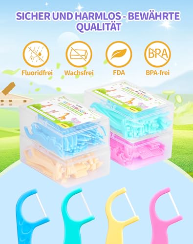 NETONDA Zahnseide Kinder 160 Stück Zahnseide Sticks Kinder Dental Floss mit Kindergerechtem Griff Flossers Kids mit 4 Bunte Griffe in Tierformen - Wachsfrei, Fluorfrei, Bunte Farben (4x40 Stk) – Bild 7