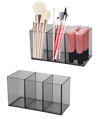 FAOKZE 2 Piezas Maquillaje Brochas Organizador,Organizador de Maquillaje Acrílico,con 3 Compartimentos,para Baño Dormitorio Escritorio de Oficina,Gris translúcida