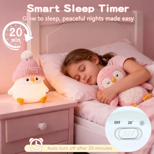 Image of FAMIDUO Penguin Night Light,Cute Pink Penguin Lamp with Hat,Kids Room Decor | Safe Silicone Nursery Nightlight ,Rechargeable /Dimmable /Timer LED Squishy Animal Bedside Touch Lamp,Funny Gift for Girls
