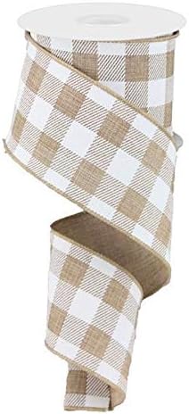 Plaid Check Wired Edge Ribbon, 50 Yards (Light Tan, White 2.5")