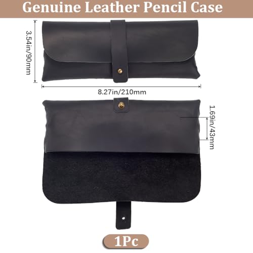 GORGECRAFT Retro Black Crazy Horse Leather Pencil Case Genuine Leather Snap Cover Pen Cases Large Capacity Leather Pencil Pouch Vintage Holders for Pen Pencils Men Women Glasses Sunglasses - Image 2