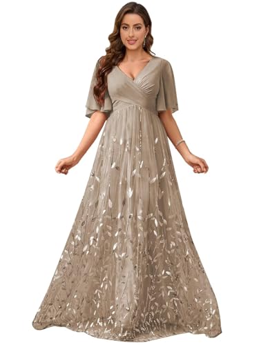 VCCICANY Short Ruffles Sleeve Mother of The Bride Dresses for Women Sequin Formal Gown Chiffon V Neck Wedding Guest Dress